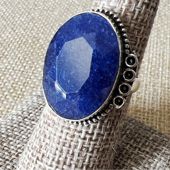 New Faceted Oval Blue Enhanced Sapphire Stone Silver Overlay Ring Size 7 - Picture 2 of 10
